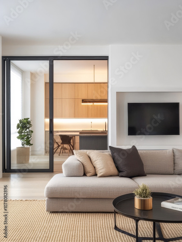 Modern living room with minimalist design and open kitchen view in a contemporary apartment