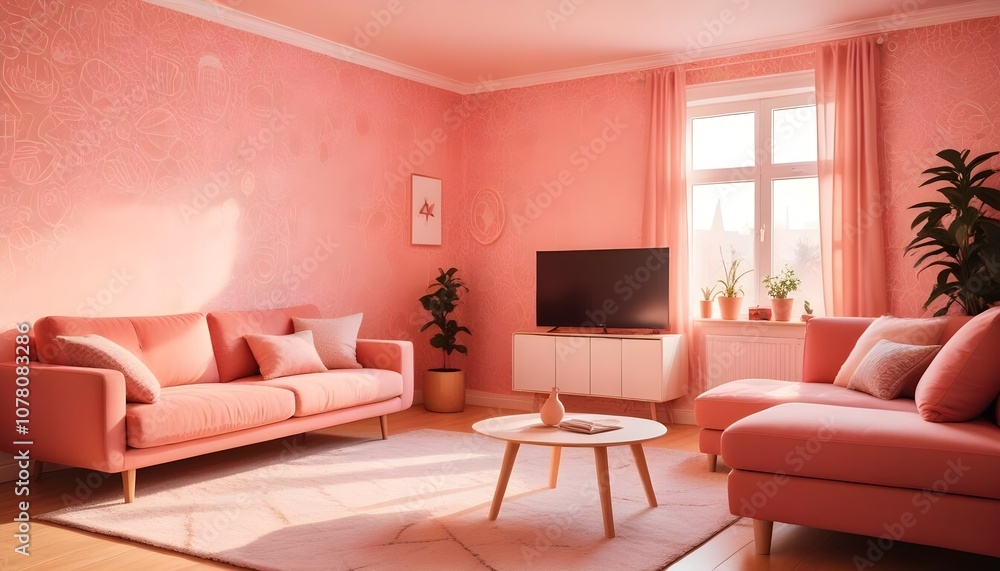 Scandinavian living room interior design zoom background,Doodle patterned wallpaper graphics Scandinavian living room interior design zoom background,Doodle patterned wallpaper graphics