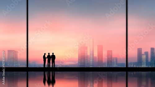 Business professionals in silhouette against a vibrant sunset skyline showcasing modern architecture in a bustling city environment for corporate themes