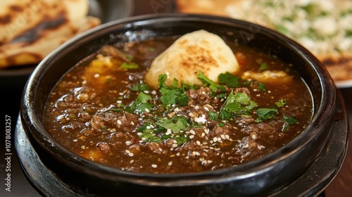 Enjoy a warm bowl of harira soup paired with fresh bread, perfect for breaking fast during Ramadan