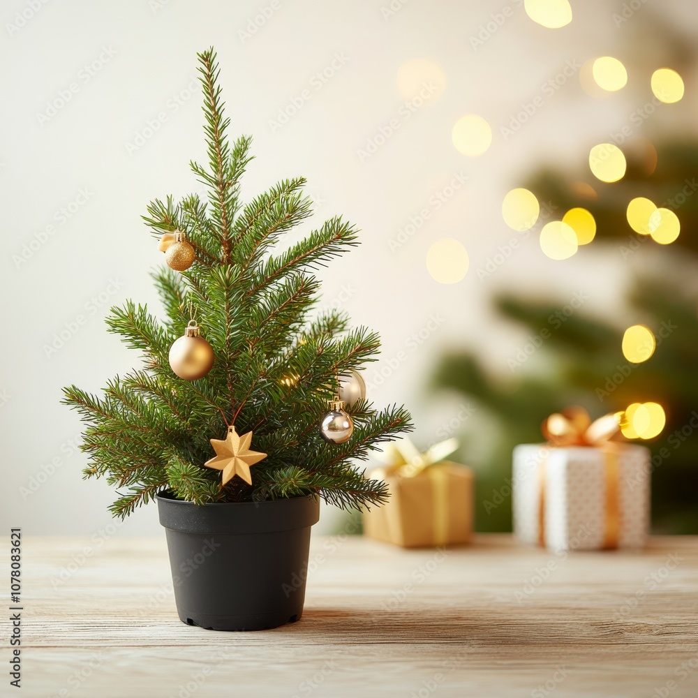 A stylish small Christmas tree adorned with gold and silver ornaments is set in a dark pot on a wooden table, emitting serene holiday vibes with soft bokeh lights. A stylish small Christmas tree adorned with gold and silver ornaments is set in a dark pot on a wooden table, emitting serene holiday vibes with soft bokeh lights.