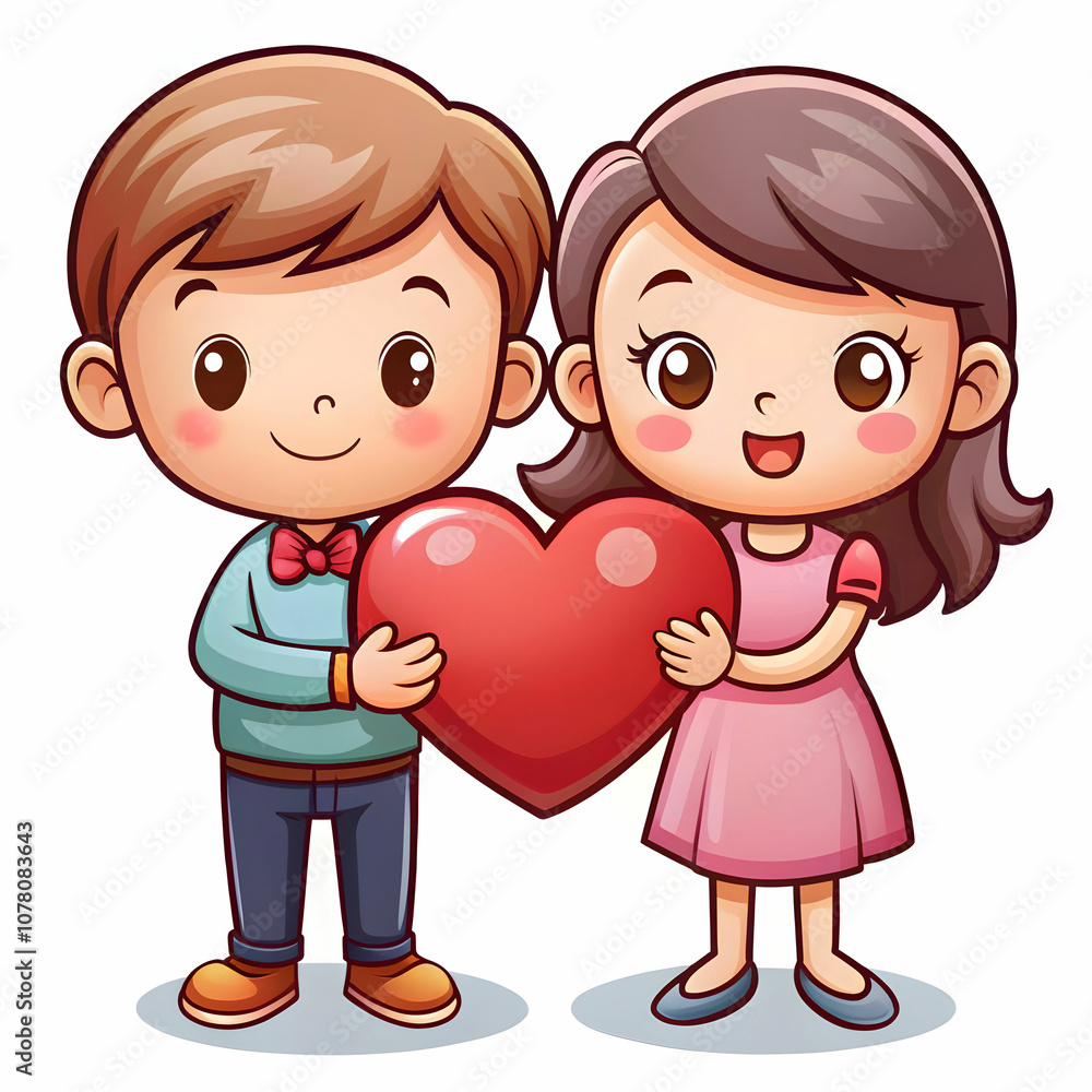 A charming cartoon couple shares a sweet moment with a red heart. A charming cartoon couple shares a sweet moment with a red heart.