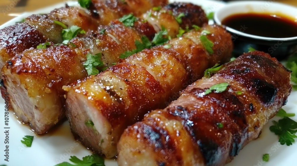 Deliciously grilled meat rolls garnished with herbs, served with a dipping sauce. Deliciously grilled meat rolls garnished with herbs, served with a dipping sauce.