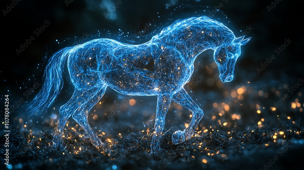 A blue, glowing, horse-shaped cloud of particles stands on a black background with golden sparkles. A blue, glowing, horse-shaped cloud of particles stands on a black background with golden sparkles.