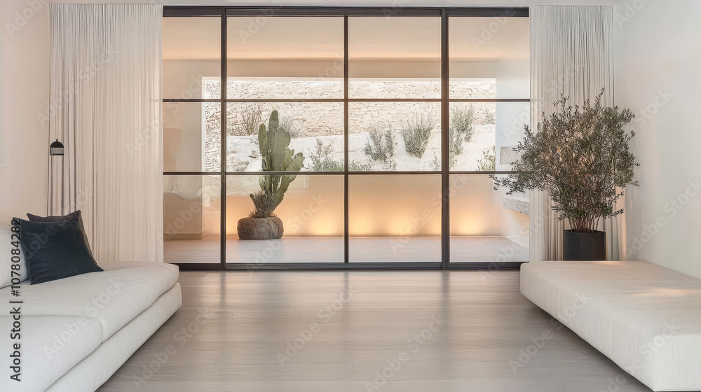 Modern living room with large windows showcasing a serene outdoor garden in bright daylight Modern living room with large windows showcasing a serene outdoor garden in bright daylight