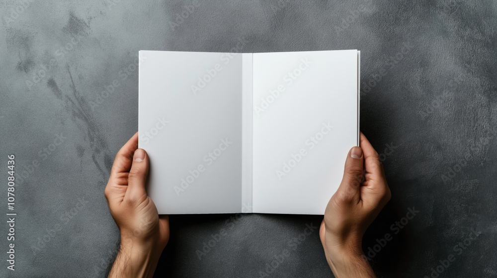 Hands holding an open blank book or notebook on a dark textured background, showing two empty white pages with a central spine and ample space for text or design. Hands holding an open blank book or notebook on a dark textured background, showing two empty white pages with a central spine and ample space for text or design.