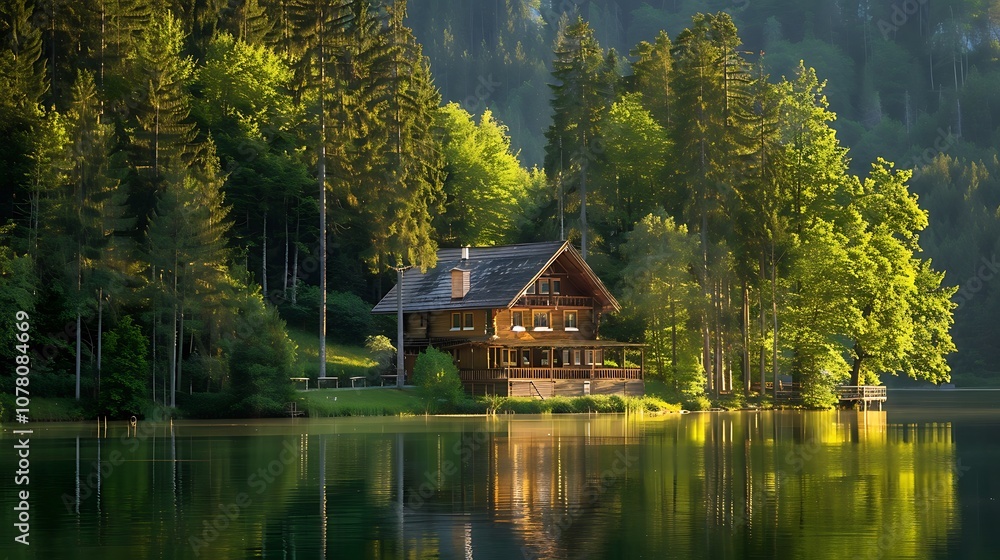 Nestled chalet on the lake flanked by tall trees and green surrounds Nestled chalet on the lake flanked by tall trees and green surrounds