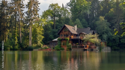 Nestled chalet on the lake flanked by tall trees and green surrounds