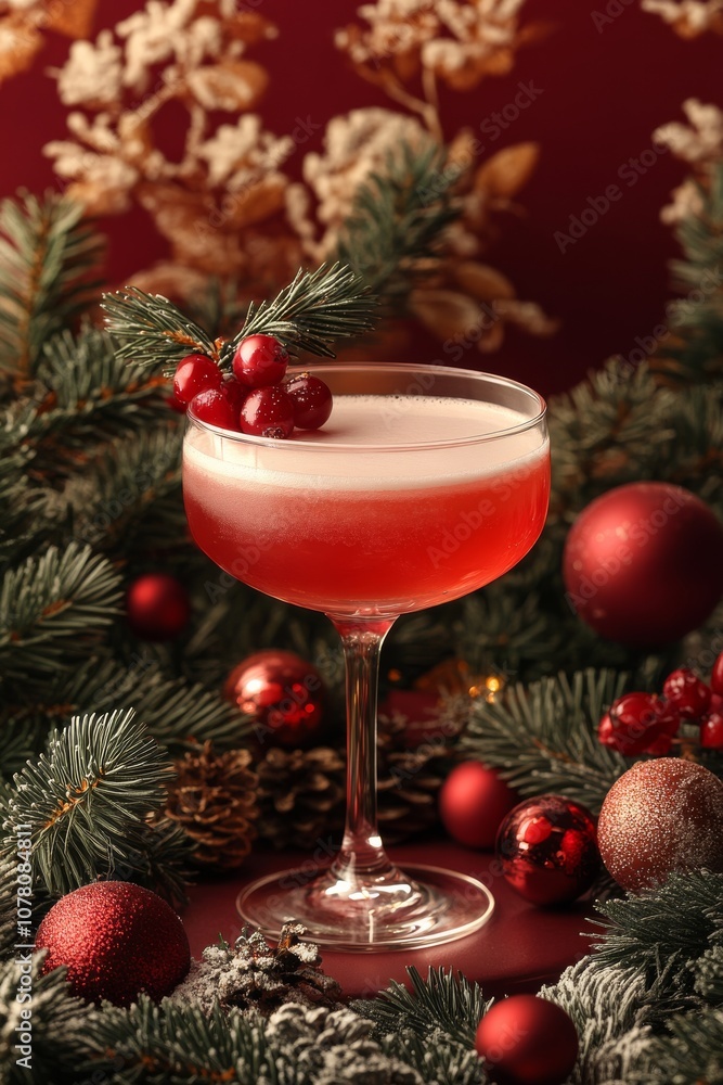 A vibrant cocktail garnished with cranberries and evergreen foliage sits elegantly, evoking a festive atmosphere perfect for holiday celebrations with its visual appeal. A vibrant cocktail garnished with cranberries and evergreen foliage sits elegantly, evoking a festive atmosphere perfect for holiday celebrations with its visual appeal.