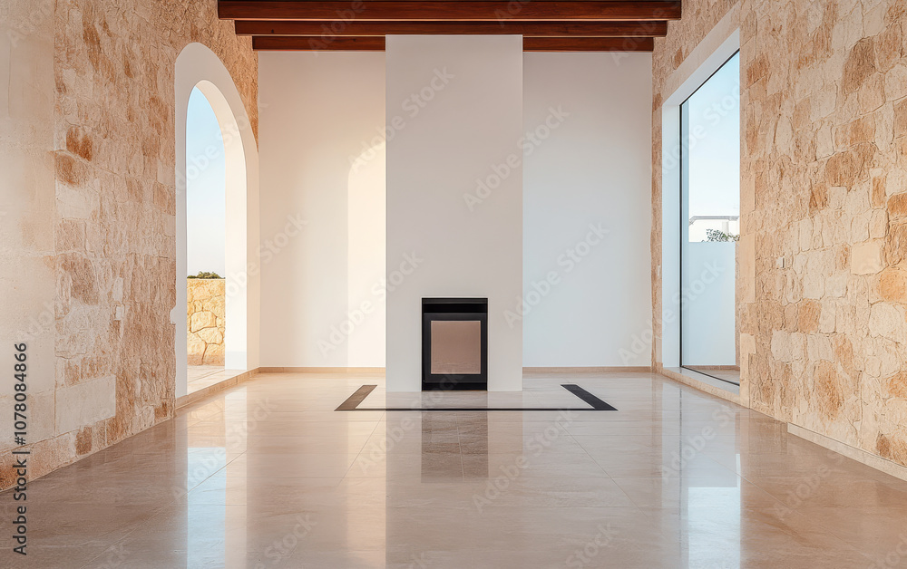 Modern architectural interior featuring a fireplace and large windows in a serene setting Modern architectural interior featuring a fireplace and large windows in a serene setting