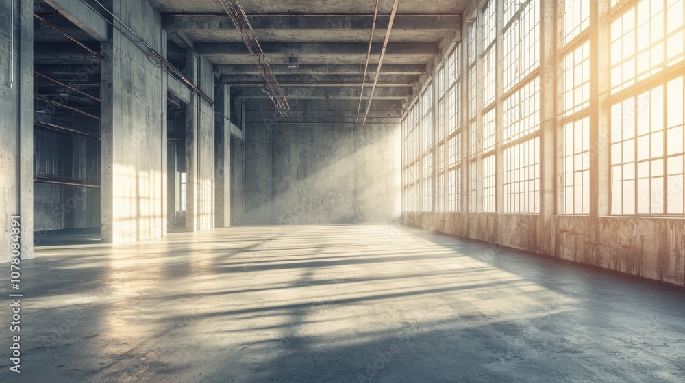 A spacious, sunlit industrial room with large windows and concrete walls. A spacious, sunlit industrial room with large windows and concrete walls.