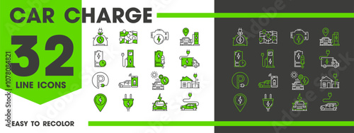 Car charge line icons or green energy and electric vehicles, vector symbols. Electrocar charging station line icons of plug and socket with green leaf, EV or BEV automobiles on electric power engine