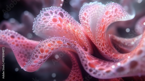 Fototapeta Naklejka Na Ścianę i Meble -  Abstract 3D rendering of a pink and white textured object with a biomorphic shape.