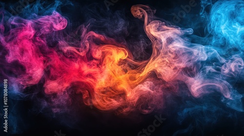 Abstract colorful smoke swirling on a black background.