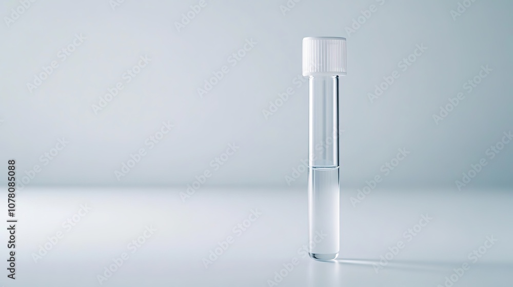 Clear glass vial on reflective surface with minimalistic design Clear glass vial on reflective surface with minimalistic design