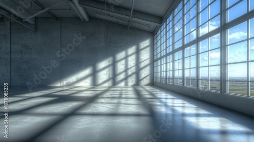 A spacious, sunlit interior with large windows casting shadows on a concrete floor.