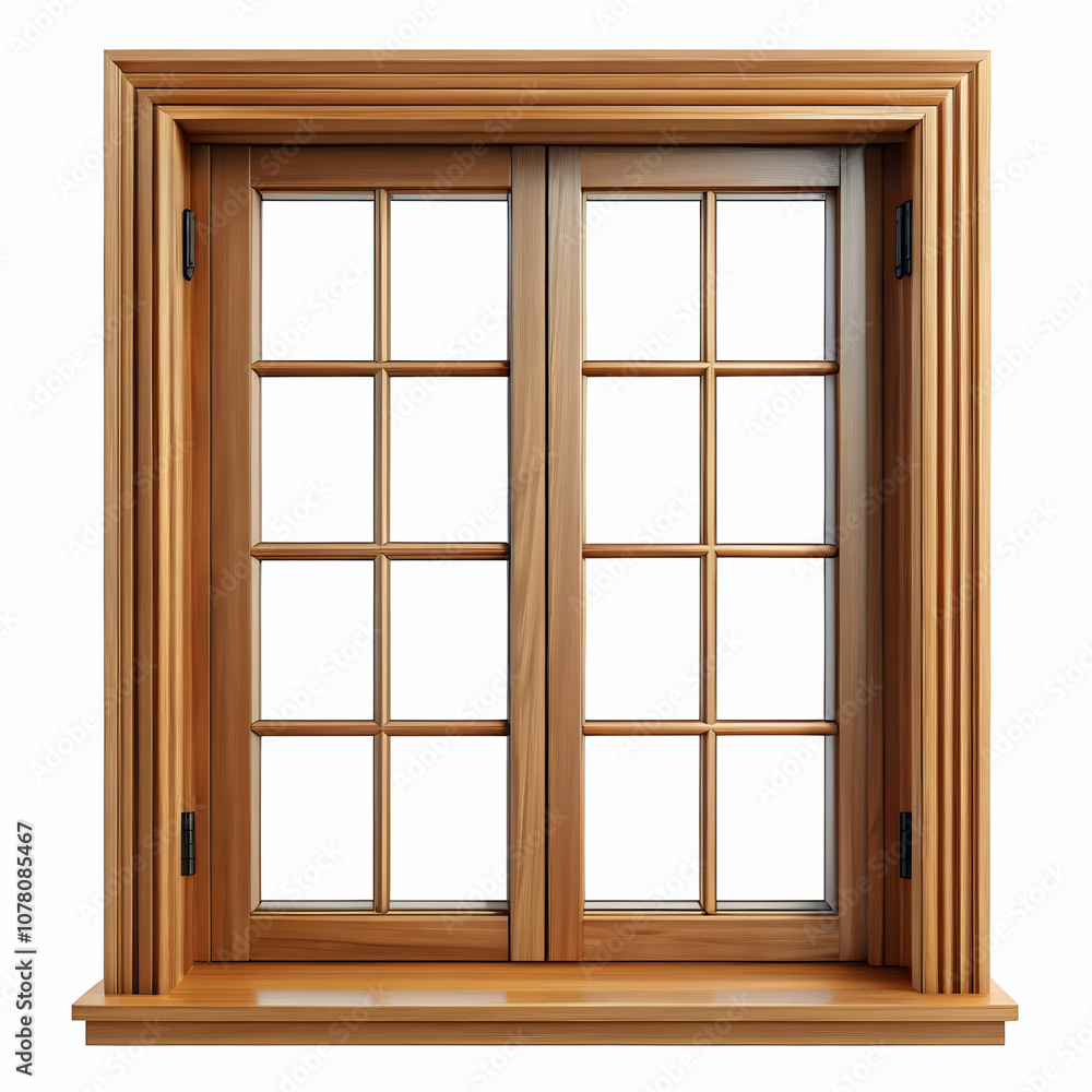 A wooden window design without glass showcases natural wood grain, framed against a crisp white background. A wooden window design without glass showcases natural wood grain, framed against a crisp white background.