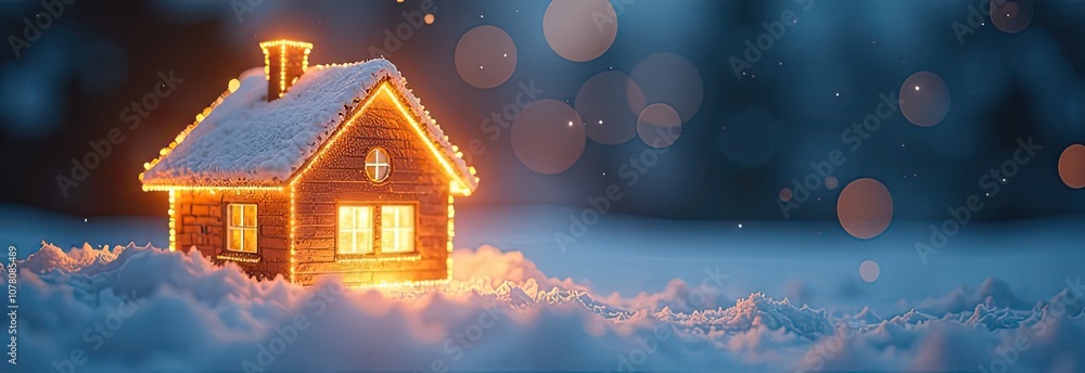Transparent gold luminous symbol of house on snow and snowy background with golden glitter. Real estate, realtor, mortgage, insurance, booking, wintering, insulation, heating. Transparent gold luminous symbol of house on snow and snowy background with golden glitter. Real estate, realtor, mortgage, insurance, booking, wintering, insulation, heating.