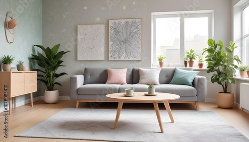 Scandinavian living room interior design zoom background,Doodle patterned wallpaper graphics