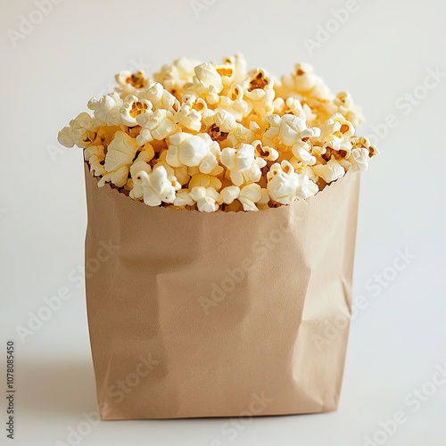 Brown paper bag full of popcorn against neutral background.