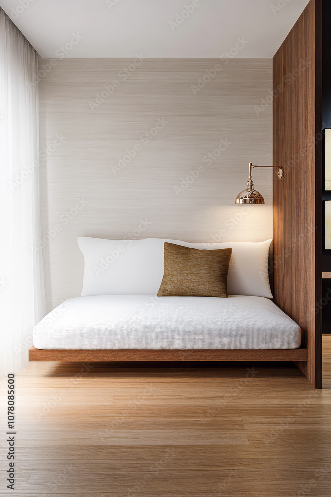 Modern minimalist bedroom design featuring natural light and warm wooden accents Modern minimalist bedroom design featuring natural light and warm wooden accents