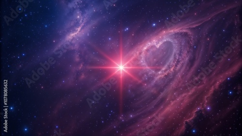 Bright star in cosmic galaxy with heart-shaped nebula