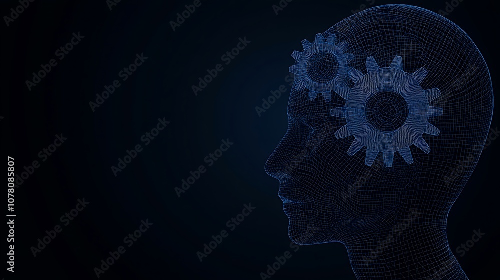 Obraz premium A digital representation of a human head with gears, symbolizing thought and cognition.