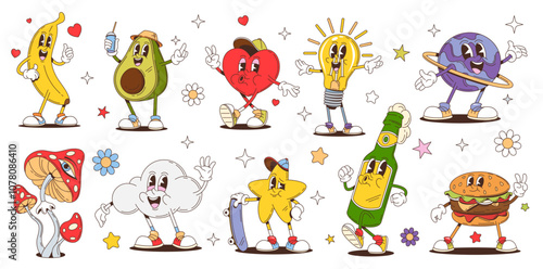 Cartoon funny groovy characters and retro hippie personages. Vector cute fast food burger and beer bottle, psychedelic groovy planet, star and banana, hippy mushroom, hearts and light bulb characters