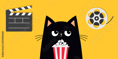Cat kitten holding popcorn box. Clapper board, Movie reel icon set. Kitten watching movie. Pop corn food. Cute cartoon funny character. Cinema theater. Film show. Flat design. Yellow background Vector