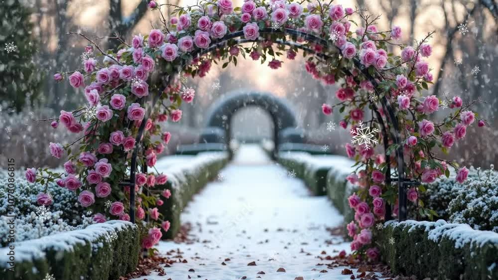 Winter garden pathway adorned with pink roses and snow, leading to a romantic arch in the distance Winter garden pathway adorned with pink roses and snow, leading to a romantic arch in the distance