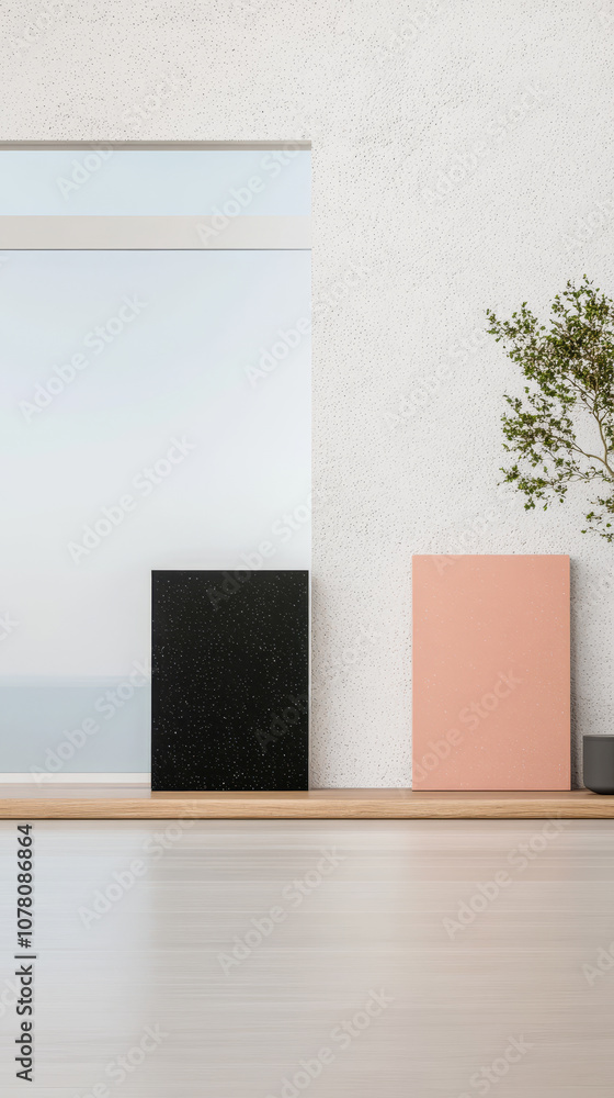 Modern interior with minimalist art pieces and a serene view of the ocean on a bright day Modern interior with minimalist art pieces and a serene view of the ocean on a bright day