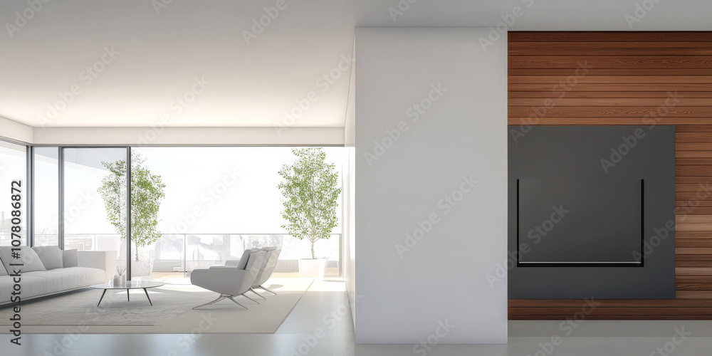 Fototapeta premium Modern living room with a minimalist design featuring large windows and natural light