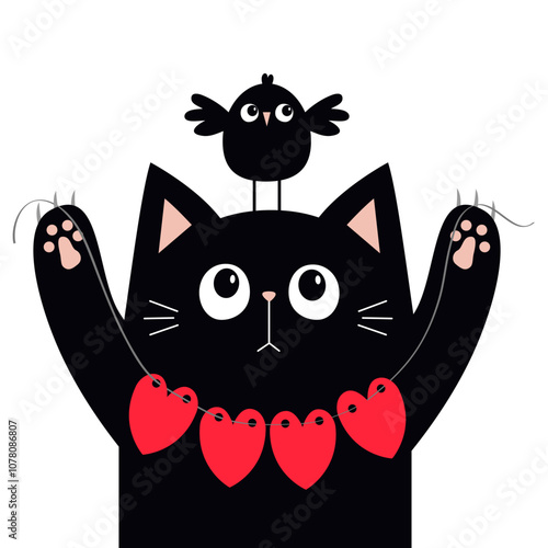 Black kitten cat face holding heart garland. Bird sitting on head. Pink paw print. Kawaii baby pet animal. Cute cartoon character. Greeting card, sticker print. Flat design. White background. Vector