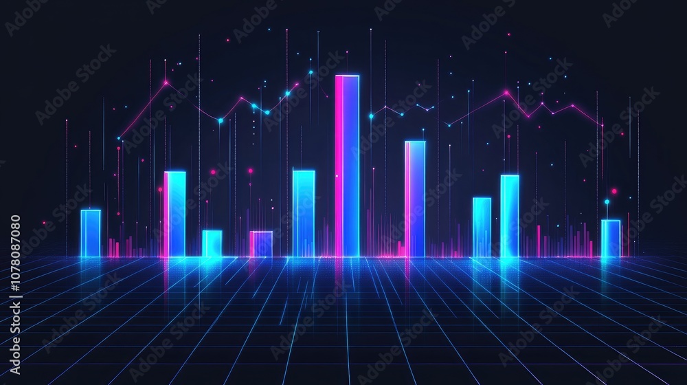 Futuristic Neon Data Visualization with Colorful Bar Graphs and Line Charts Displaying Financial Trends on a Dark Background Futuristic Neon Data Visualization with Colorful Bar Graphs and Line Charts Displaying Financial Trends on a Dark Background