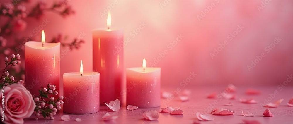 Romantic red candles and rose petals create a cozy, intimate atmosphere. Banner, background for Valentine's Day, romance, love themes Romantic red candles and rose petals create a cozy, intimate atmosphere. Banner, background for Valentine's Day, romance, love themes
