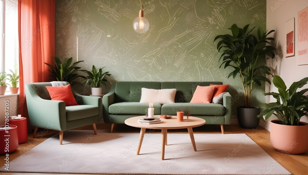 Scandinavian living room interior design zoom background,Doodle patterned wallpaper graphics Scandinavian living room interior design zoom background,Doodle patterned wallpaper graphics
