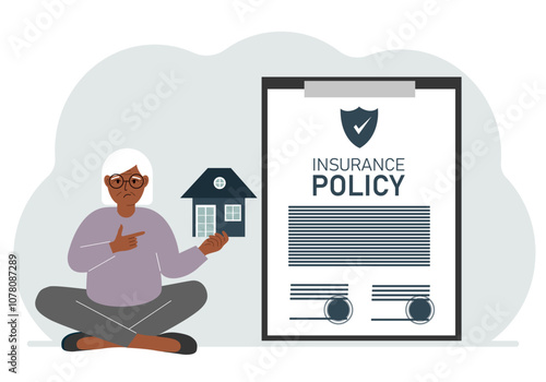 A woman holds in his hands at home next to a large insurance contract. Home and real estate insurance concept.