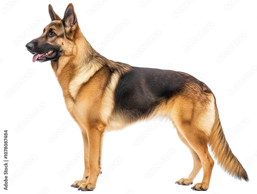 A German Shepherd stands alert, its black and tan fur, transparent background A German Shepherd stands alert, its black and tan fur, transparent background