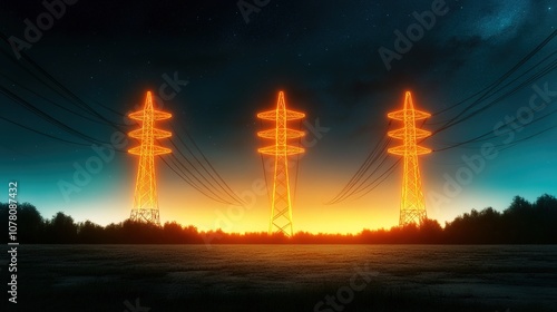 Glowing Power Lines at Dusk with Electric Towers Illuminated by a Bright Orange Glow Against a Starry Sky and Silhouetted Trees in the Background photo