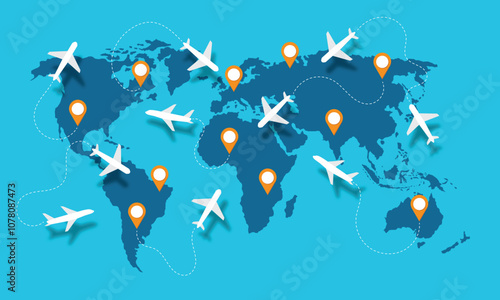 Illustration of airplanes travel routes on a world map. world travel map with aircarft.tourism and travel idea