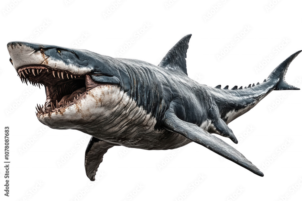 Fototapeta premium A menacing great white shark with open jaws, teeth bared, transparent background