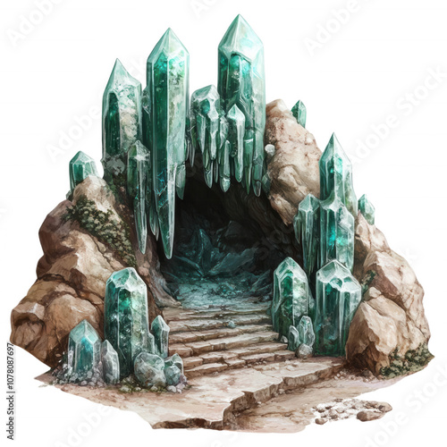 A mysterious cave entrance adorned with large, shimmering crystal formations, transparent background