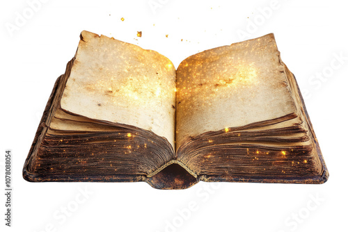 An open antique book with golden sparkles emanating from its pages, transparent background