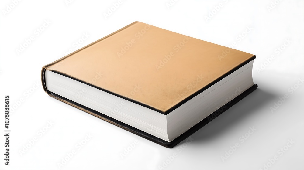 A tan hardback book with a black spine and white pages, isolated on a white background. A tan hardback book with a black spine and white pages, isolated on a white background.