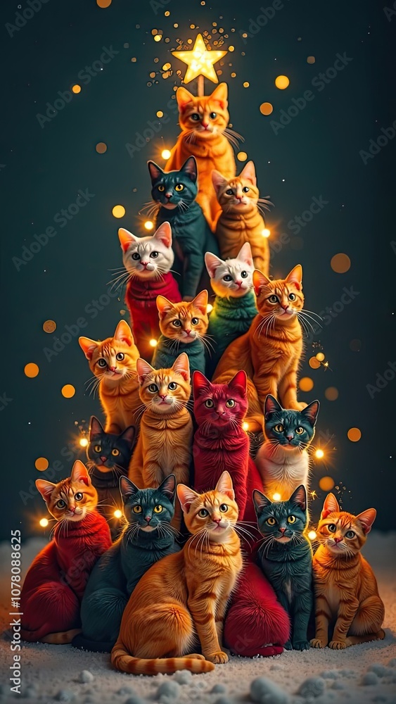 Fototapeta Christmas tree from cats made against festive background with glitter, Multicolour hundreds cats stack in shape of tall Christmas tree with golden glowing garland lights.