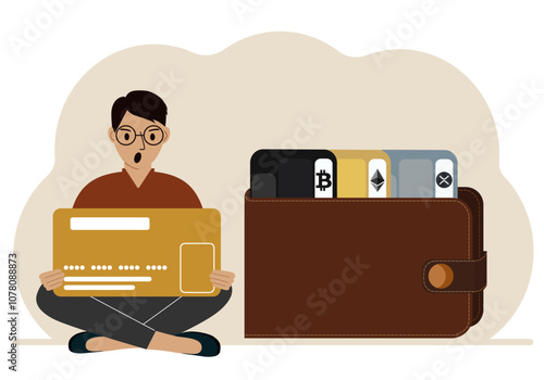A man holds a card, next to a wallet with different cards for cryptocurrencies. Internet wallet, digital money transactions, exchange platform, cold wallet or hardware wallet.
