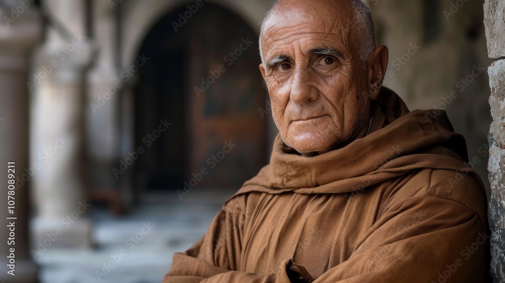 A Spanish missionary stands with a gentle expression, arms folded, against a calm background, embodying peace and humility A Spanish missionary stands with a gentle expression, arms folded, against a calm background, embodying peace and humility