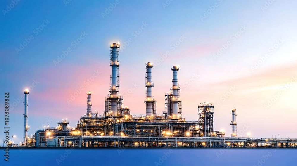 Industrial Oil Refinery at Sunset with Bright Lights and Colorful Sky Reflected on Water, Showcasing Modern Energy Infrastructure and Industry Innovation Industrial Oil Refinery at Sunset with Bright Lights and Colorful Sky Reflected on Water, Showcasing Modern Energy Infrastructure and Industry Innovation