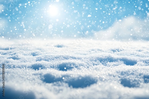 a snow-covered landscape with a bright blue sky and sun in the background.