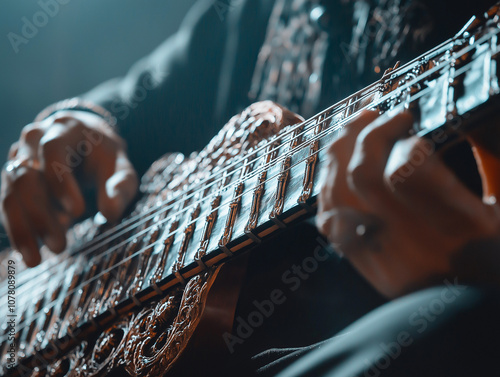 Close-up of a person playing sitar during traditional performance